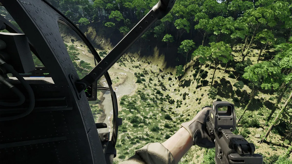 A player holds a M4 rifle in their hands while flying in a helicopter in Gray Zone Warfare.
