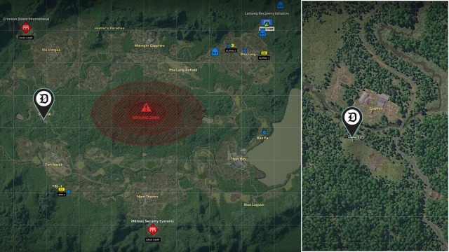 A split screenshot of a map in Gray Zone Warfare with a marker added to indicate the location of a target.