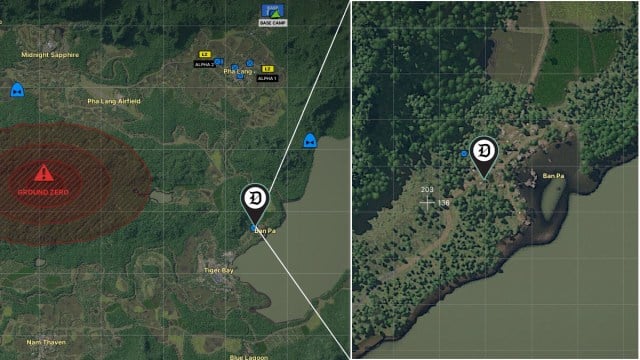 A map of Lamang in Gray Zone Warfare with a marker indicating the location of a mission.