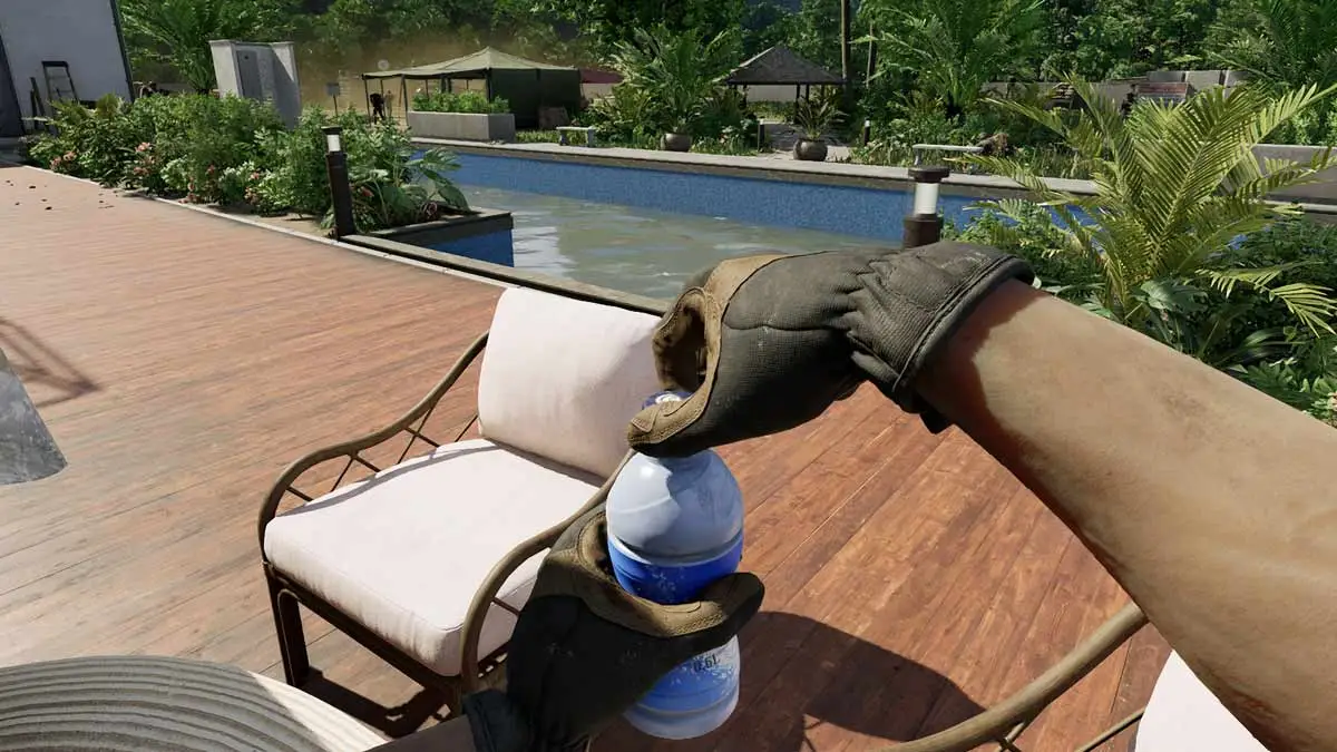 Player opening a water bottle by the base camp pool in Gray Zone Warfare.