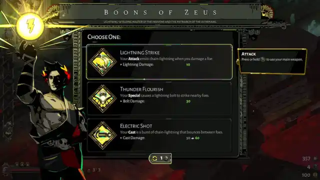 The Zeus boons menu in Hades.