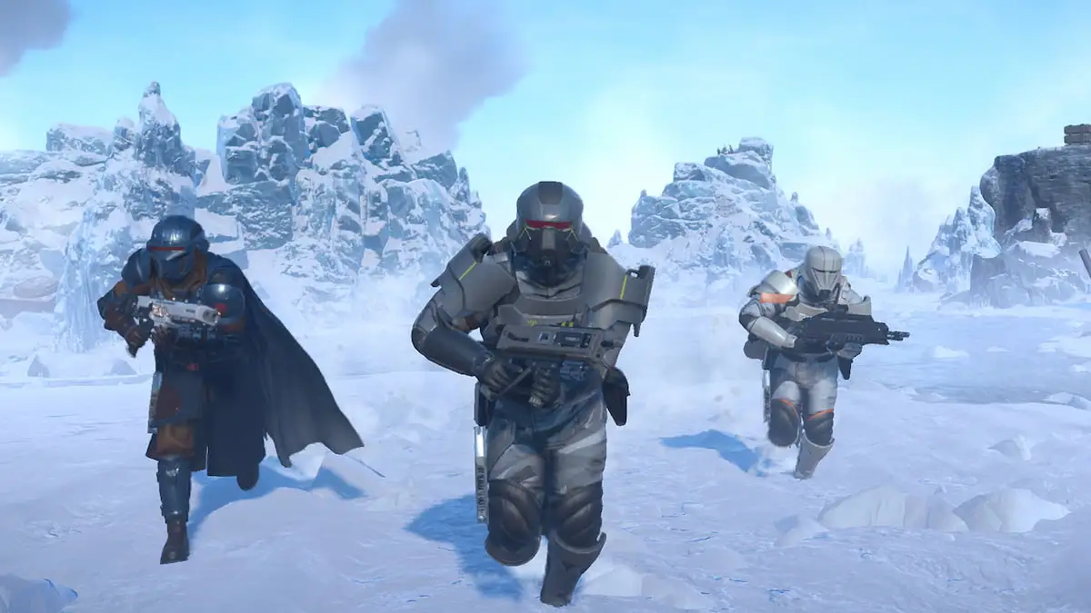 Three Helldivers in arctic armor sets in Helldivers 2