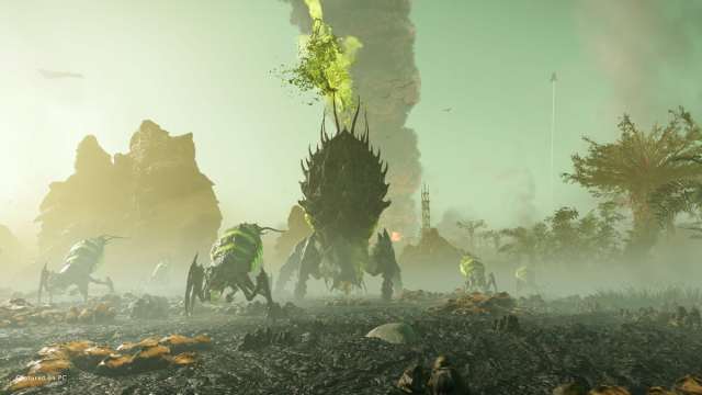 Helldivers 2 screenshot featuring giant bugs throwing green poison.