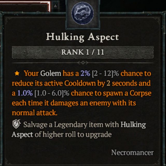 The in-game popup window of the Hulking Aspect with its description
