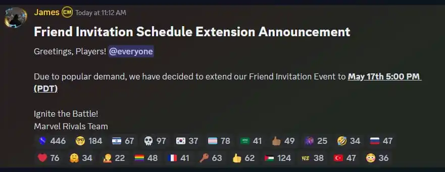 Marvel Rivals Discord news screenshot announcing friend invitation extension