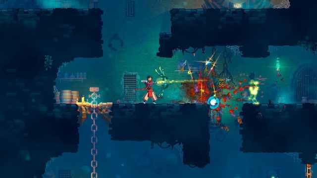 Dead Cells gameplay where the main character is shooting an enemy with an arrow