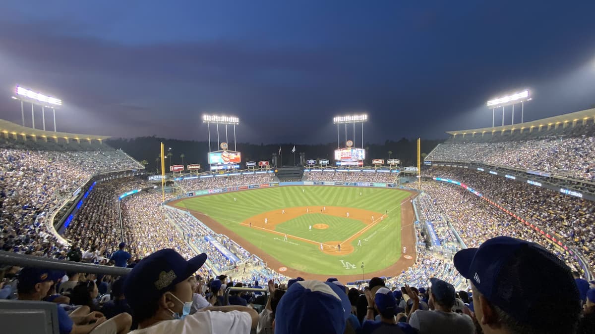 A view from the upper deck of Dodger Stadium overlooking the field during a game in the 2021 season