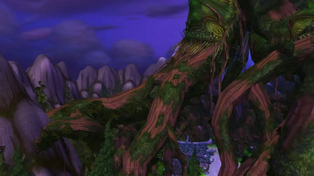 Roots of Nordrassil as seen in World of Warcraft with the sky of Mount Hyjal in the background