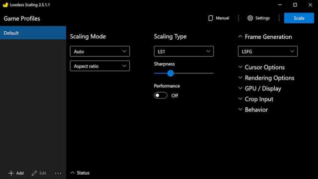 Lossless Scaling options window showing various options