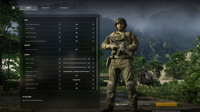 The settings menu from Gray Zone Warfare with a soldier standing to the right.