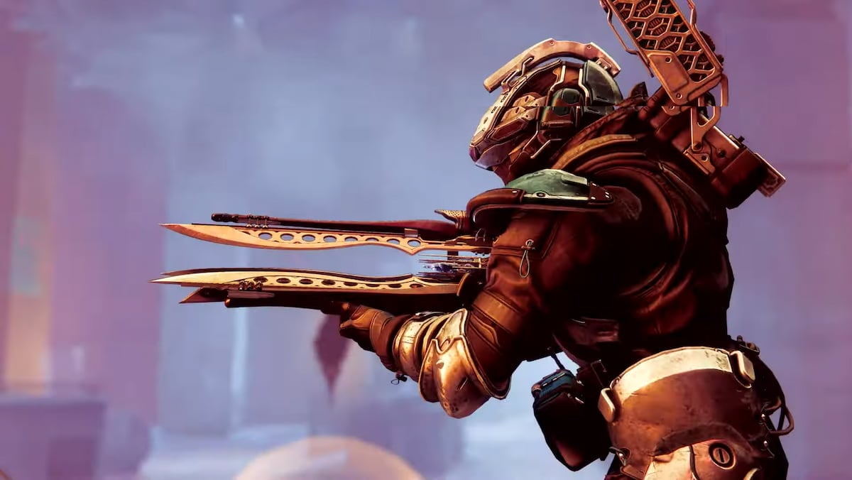 A Guardian clad in The Final Shape armor uses the Microcosm Exotic heavy trace rifle