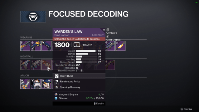 A screenshot of the Vanguard weapon decoding menu in Destiny 2.