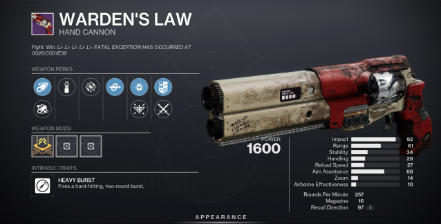The Warden's Law hand cannon from Destiny 2.