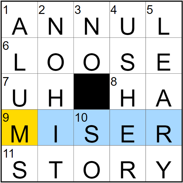 The May 28 NYT Mini board with all solution words filled with a highlight on 9A, money hoarder.