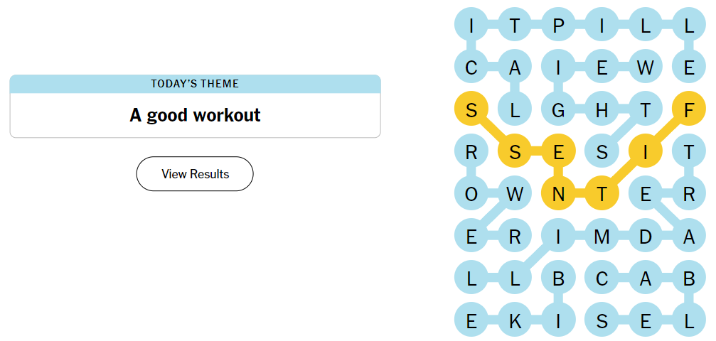 Image showing Strands with the theme 'A good workout.' Letters making the wod FITNESS are highlighted and connected by a path of yellow circles.