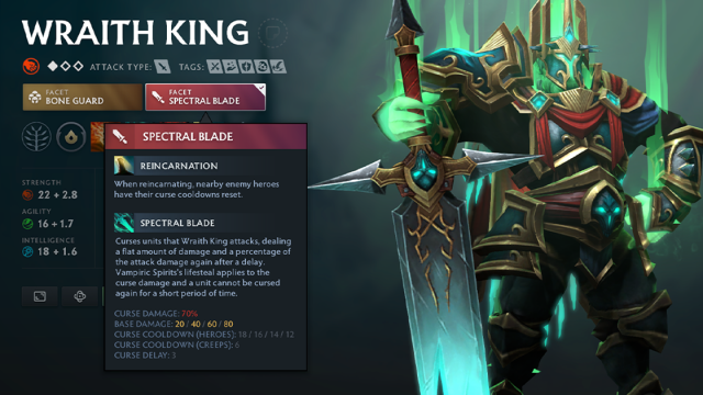 Wraith King from Dota 2 with his Hero Facets displayed.