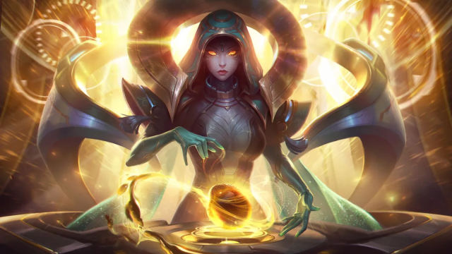 A LoL champion swirls her fingers around an orb of RP.