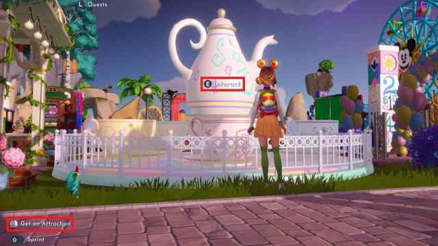 The Interact and Get on Attraction options marked in Disney Dreamlight Valley.