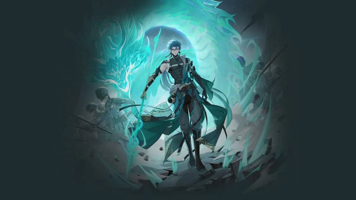 Jiyan with a light blue spirit dragon behind him, surrounded by an aura.