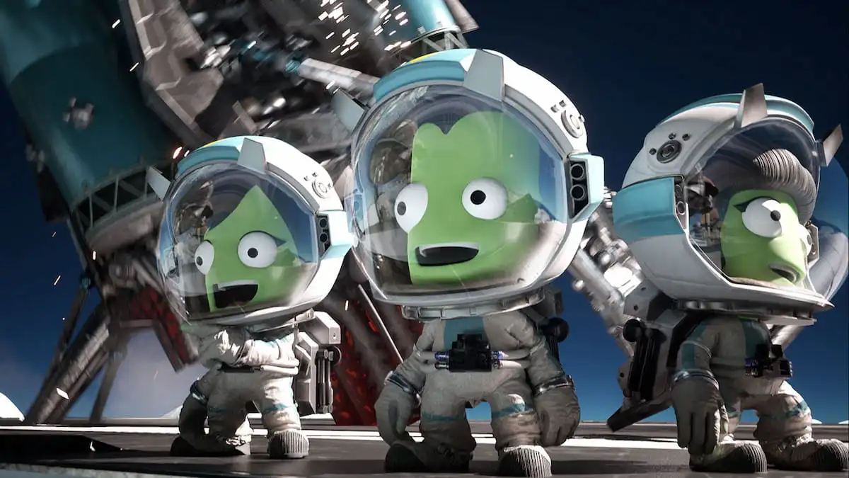 Three kerbal characters from Kerbal Space Program 2 in space suits
