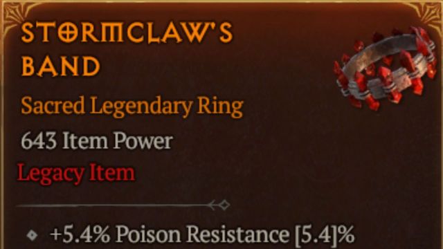 A ring in Diablo 4 with the Legacy Item mark.