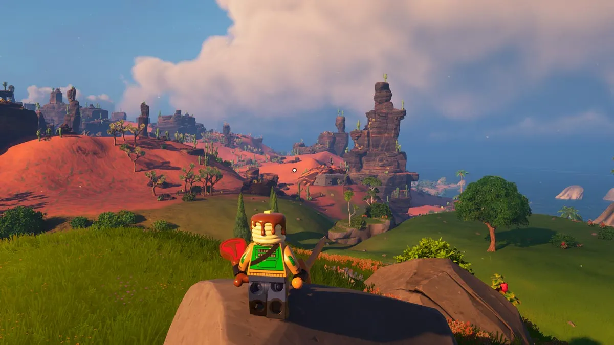 LEGO Fortnite player looking at an Imperial base in the distance.