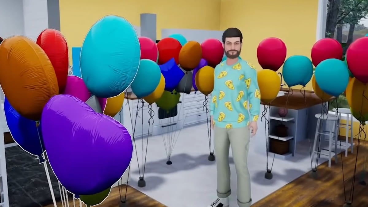 A character wearing a pizza shirt standing surrounded by balloons in Life By You.