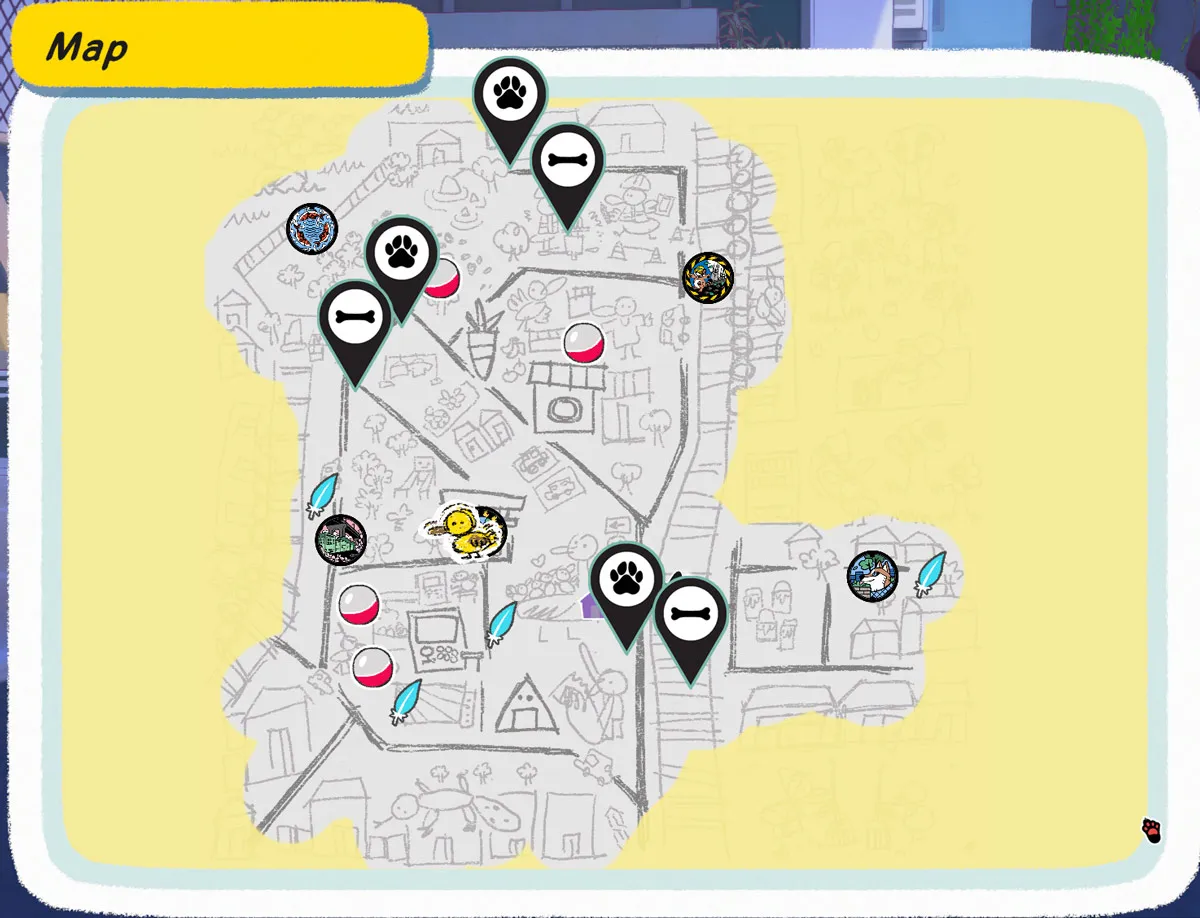 All bone and dog locations on the Little Kitty, Big City map.