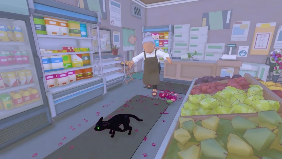 A cat being chased by a shop owner in Little Kitty, Big City.