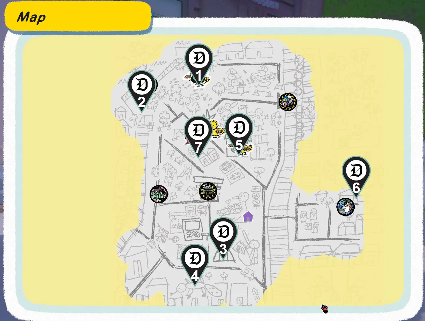 All nap spots marked on the map in Little Kitty Big City.