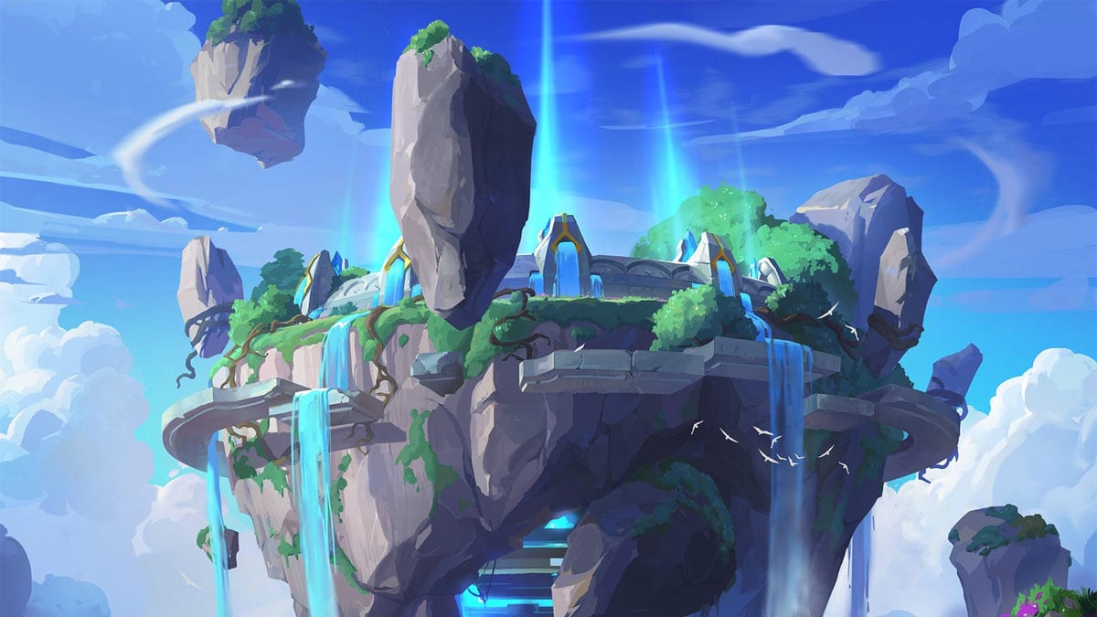 A fragment of Summoner's Rift floating in the clouds with waterfalls and rocks hovering nearby in League of Legends.
