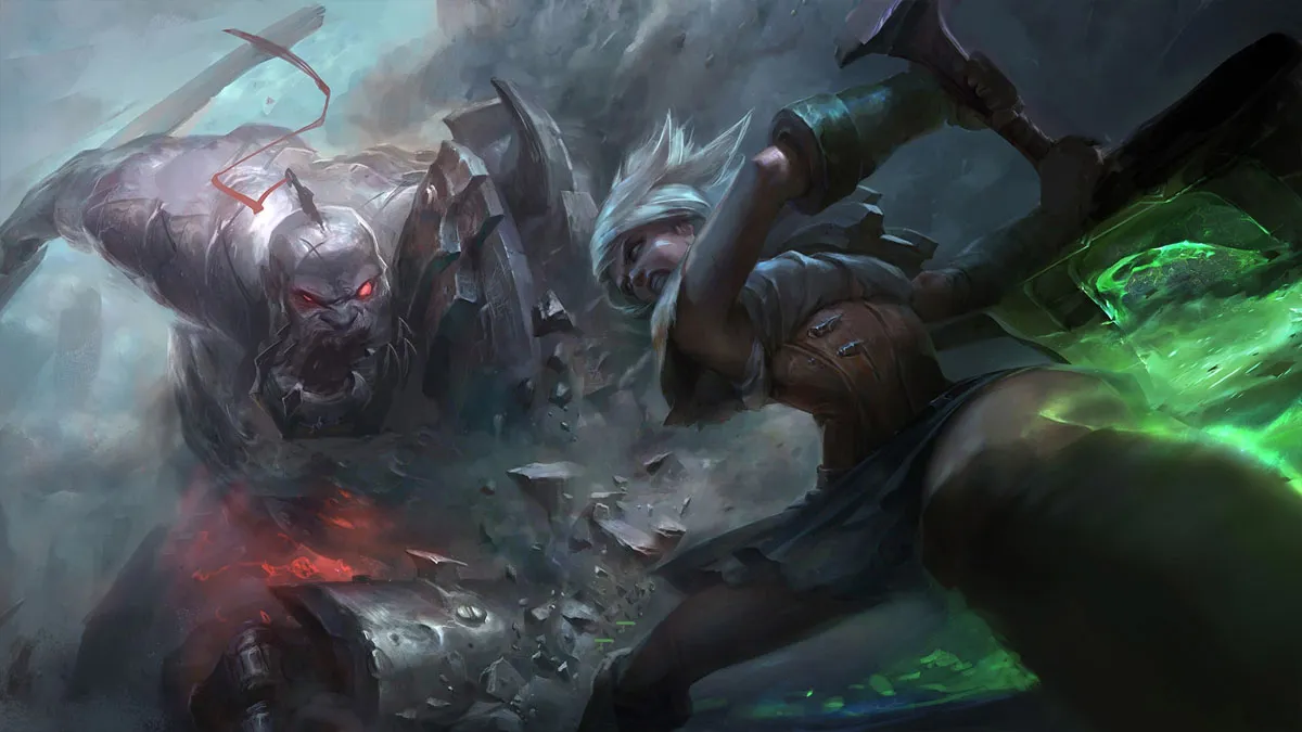 Two champs in League of Legends swing their weapons and do battle.