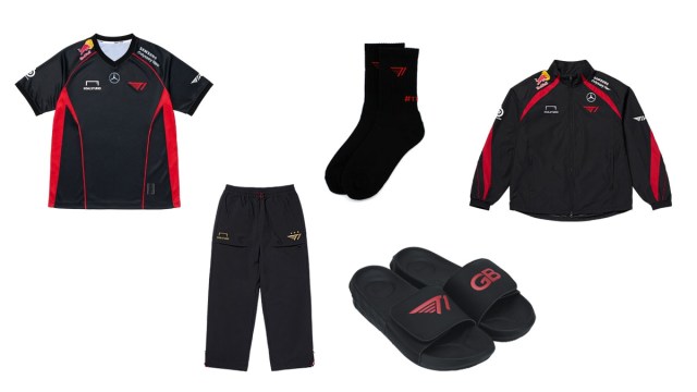 A set of T1 merchandise including a shirt, jacket, pants, slides, and socks.