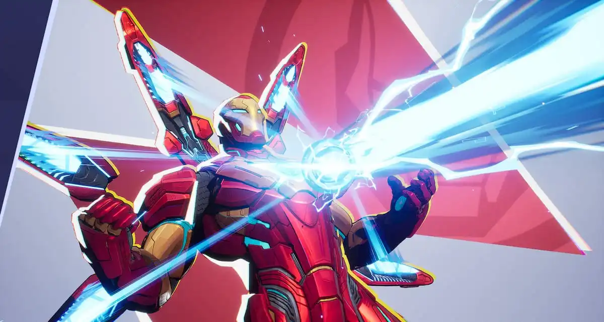 Iron Man firing his chest beam in a Marvel Rivals MVP pose.