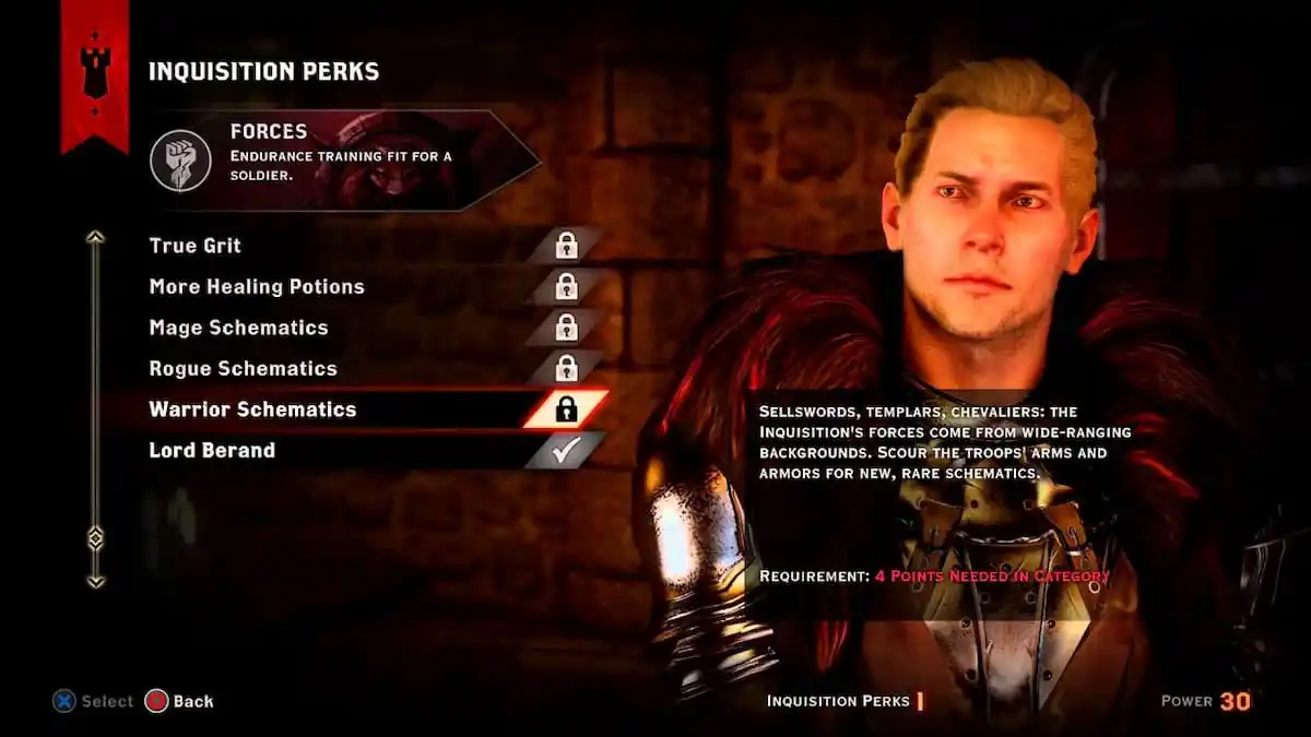 An in game screenshot of perks from Dragon Age: Inquistion