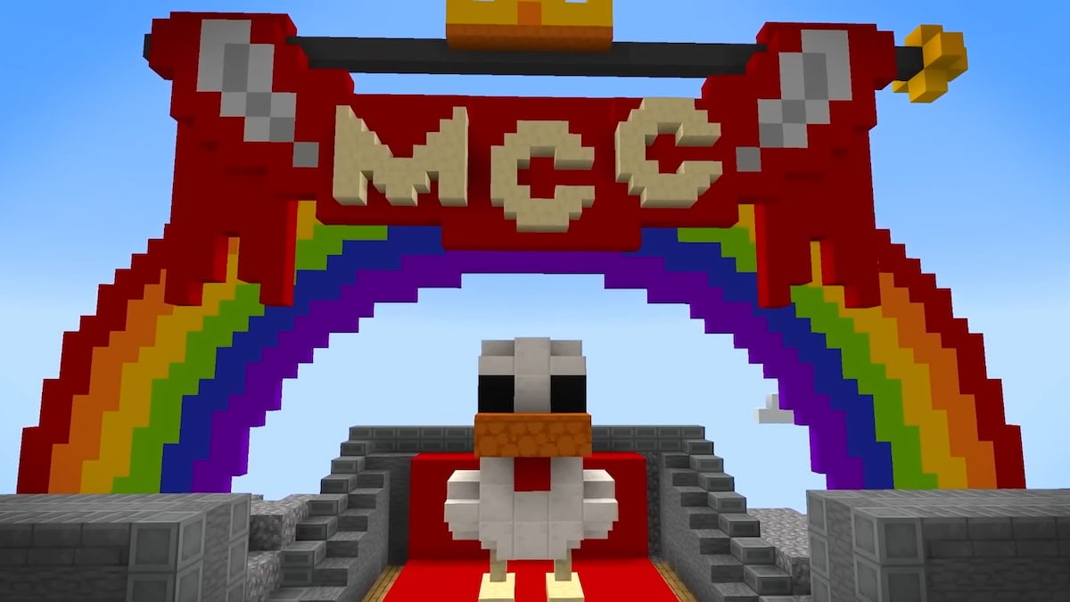 A chicken standing in front of a rainbow and MCC in Minecraft.