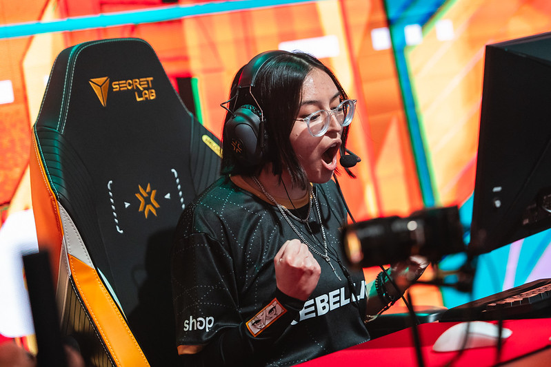 "meL" of Shopify Rebellion reacts on stage at the 2023 VALORANT Game Changers Championship Knockouts at CBLOL Studio on December 01, 2023 in São Paulo, Brazil