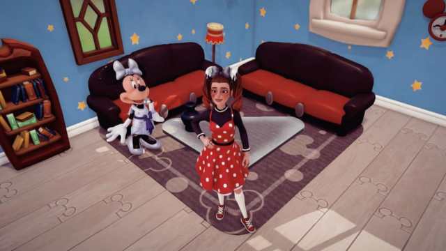 The player and Minnie Mouse inside Mickey Mouse's house in Disney Dreamlight Valley.