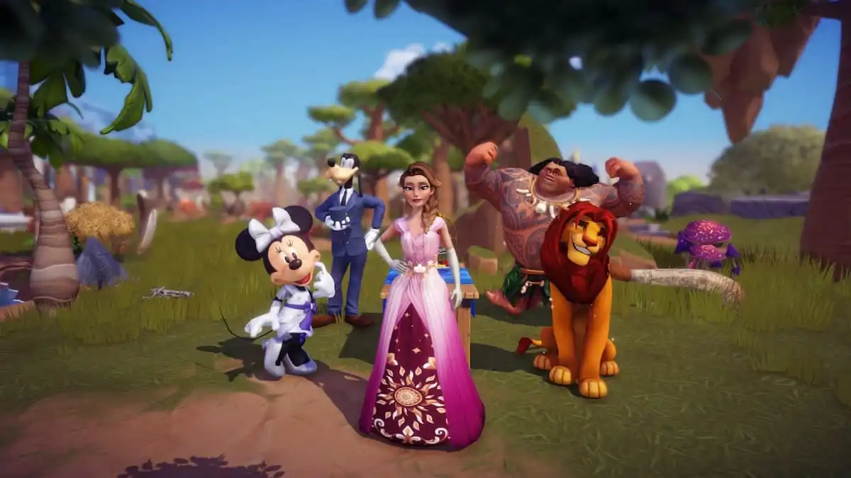 The player with Minnie Mouse, Goofy, Maui, and Simba in Disney Dreamlight Valley.