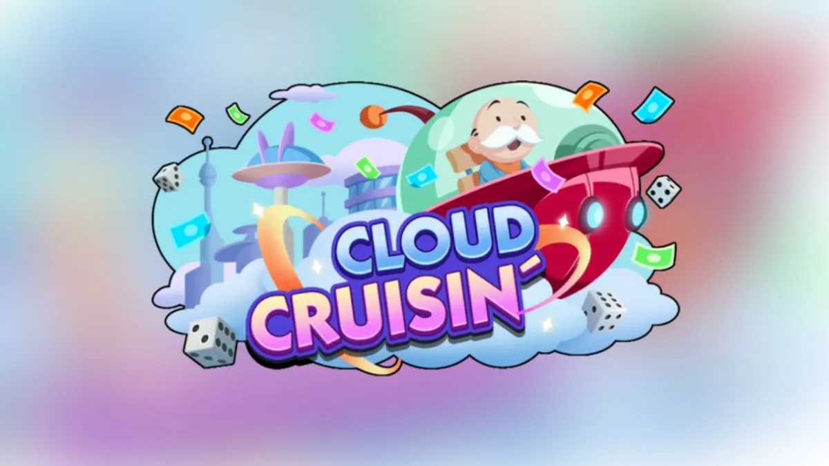 The Cloud Cruisin logo and keyart on a blurry background in candy colors.