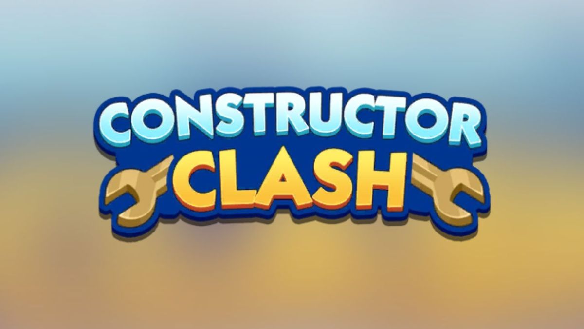 Constructor Clash logo in Monopoly GO on a blue and yellow blurry background.