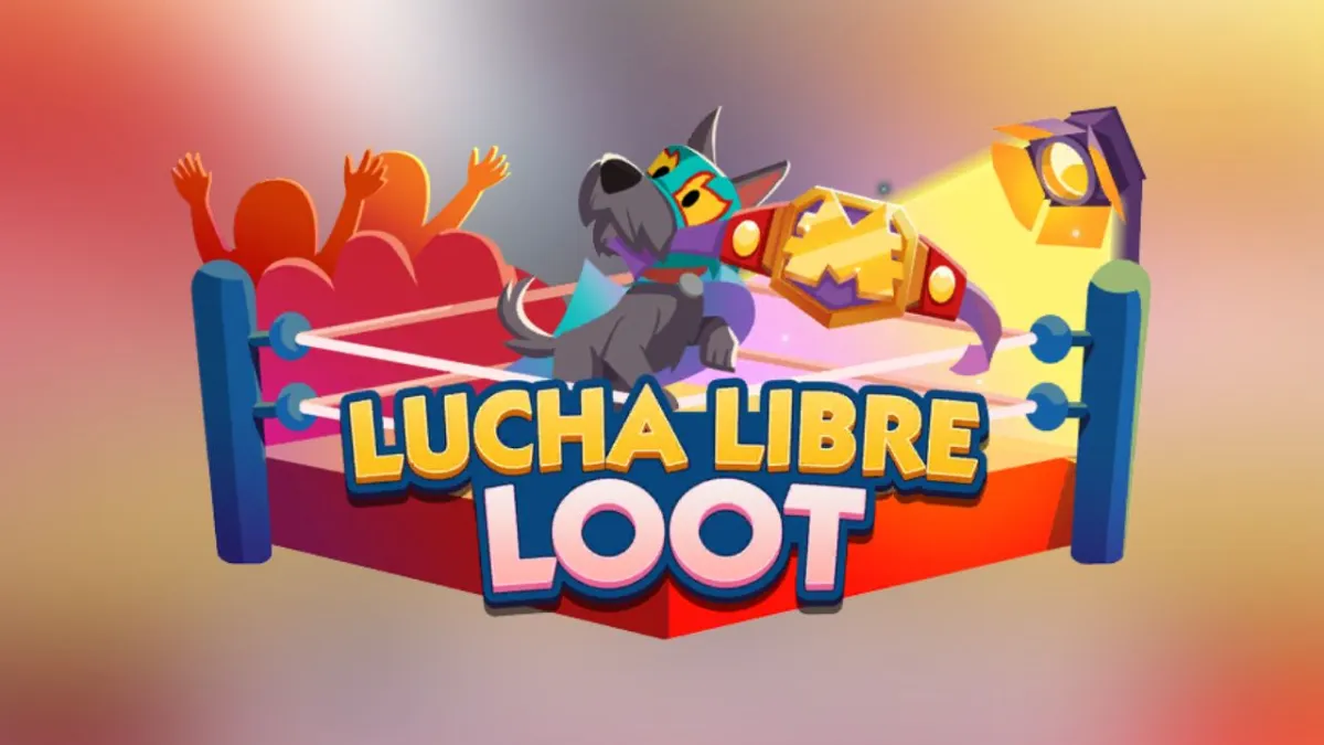 The Lucha Libre Loot keyart in Monopoly GO on a blurry background with the same colors.