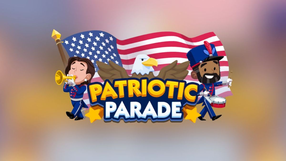 The Patriotic Parade logo in Monopoly GO on a blurry background.