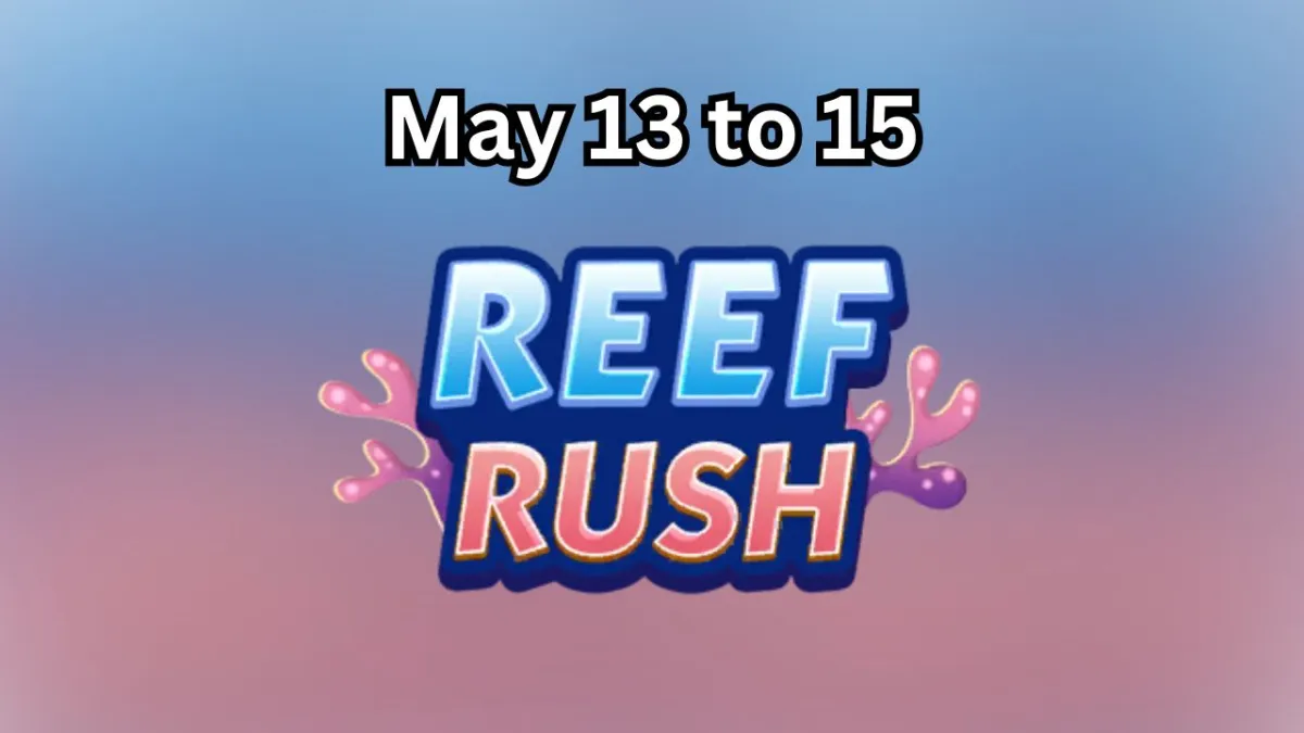 The Reef Rush logo in Monopoly GO on a pink and blue blurry background