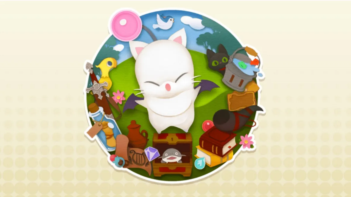 A stylized icon of a moogle, a creature from the Final Fantasy series, posing above various rewards for the Moogle Treasure Trove event in FF14.