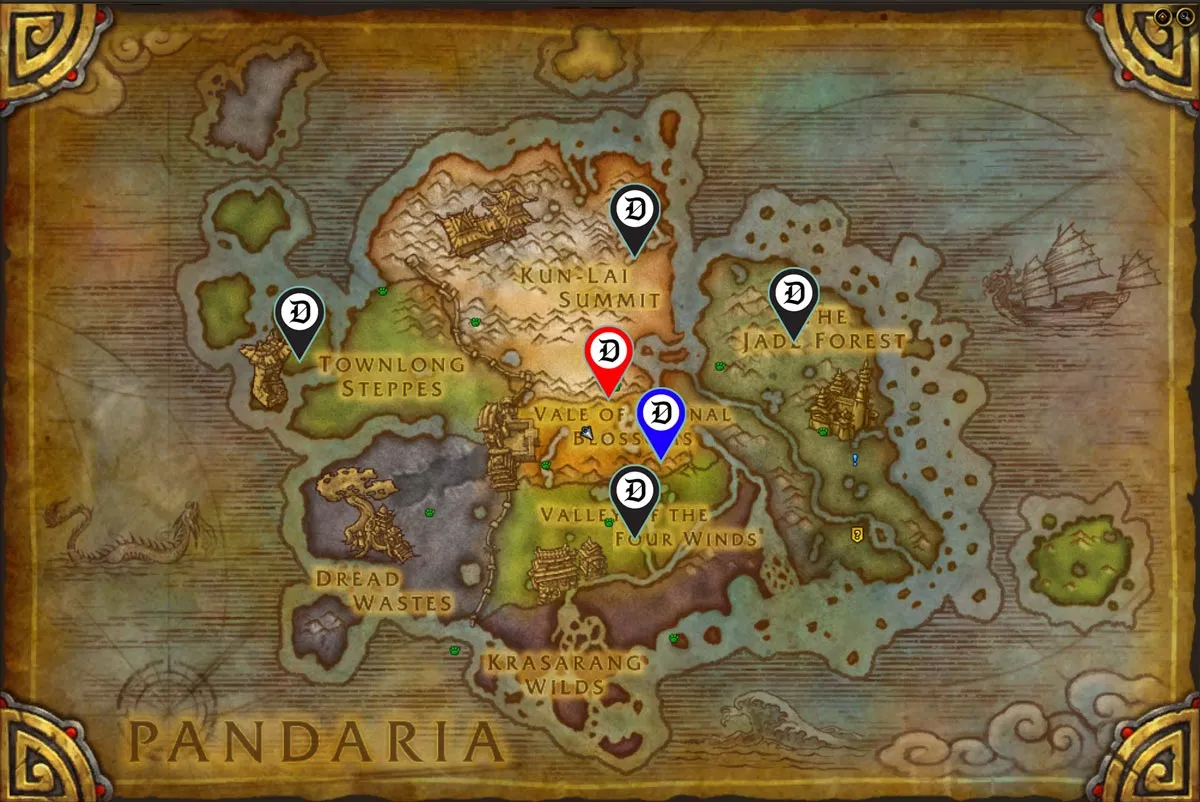 Pandaria map with Infinite Bazaar locations marked.