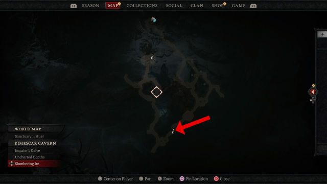 Red arrow pointing to location to enter uncharted depths in rimescar cavern diablo 4