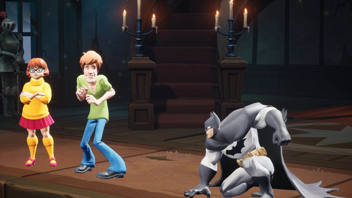 batman, shaggy, and selma, in multiversus