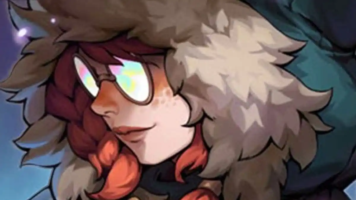 A League of Legends character wrapped in a big wintery coat with long brown hair and Vastayan markings on her face. She is wearing spectacles and smiling.