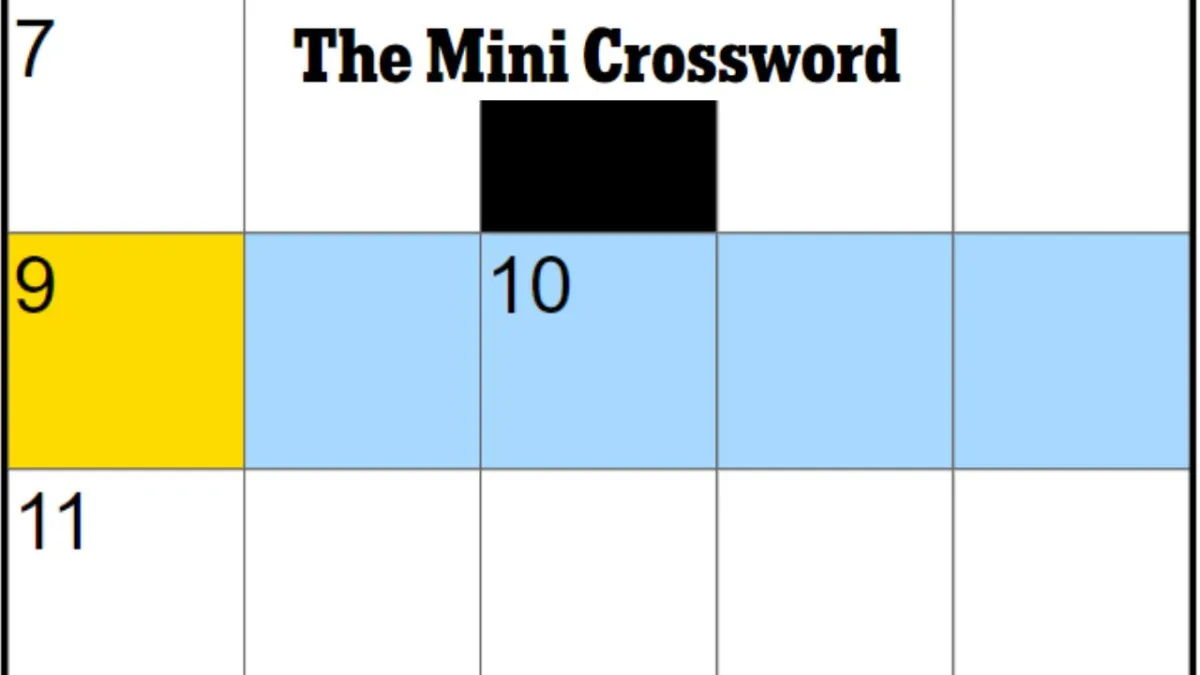The Mini crossword board with a highlight on 9A.